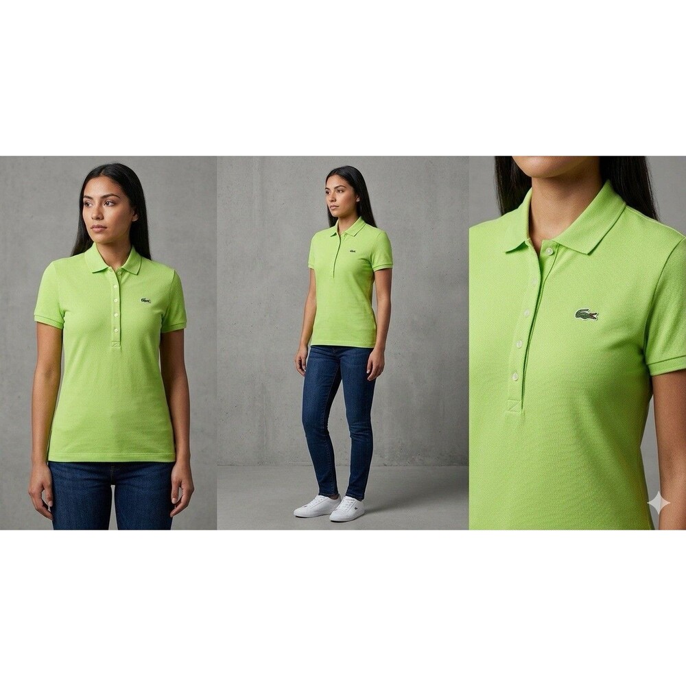 Lacoste Women's Lime Green Pique Polo Shirt Top Size 38 Small Side Vents
